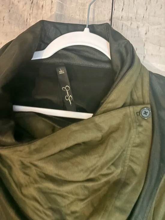 Women’s Jessica Simpson Olive Green & Black zip up Draped neckline Jacket large - Picture 2 of 8